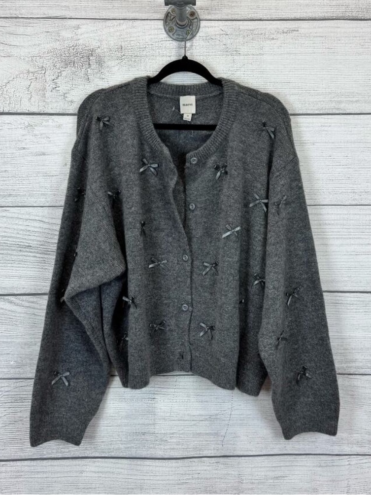 Anthropologie Maeve Charcoal Gray Bow Embellished Button-Front Cardigan